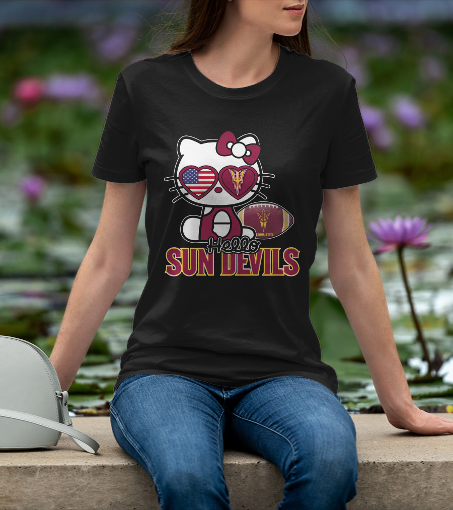 Hello Kitty Arizona State Sun Devils Football USA Heart Glasses T-Shirt