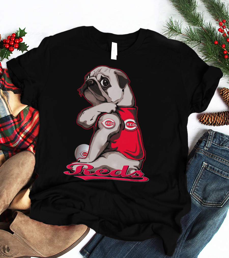 Pug Wearing Cincinnati Reds Jersey With Baseball T-Shirt