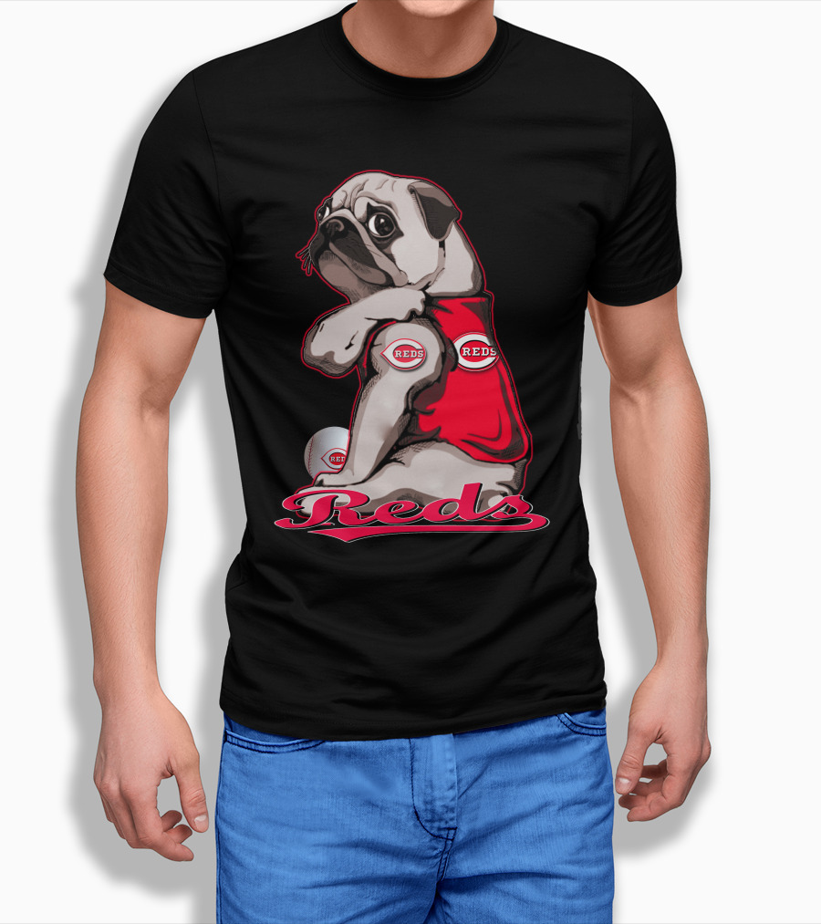 Pug Wearing Cincinnati Reds Jersey With Baseball T-Shirt
