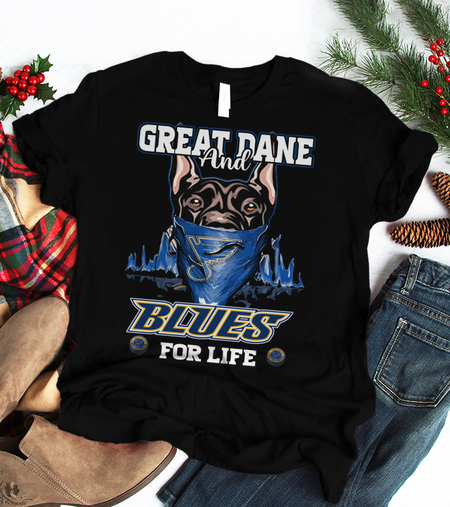 Great Dane And St. Louis Blues For Life With Blues Logo Bandana T-Shirt