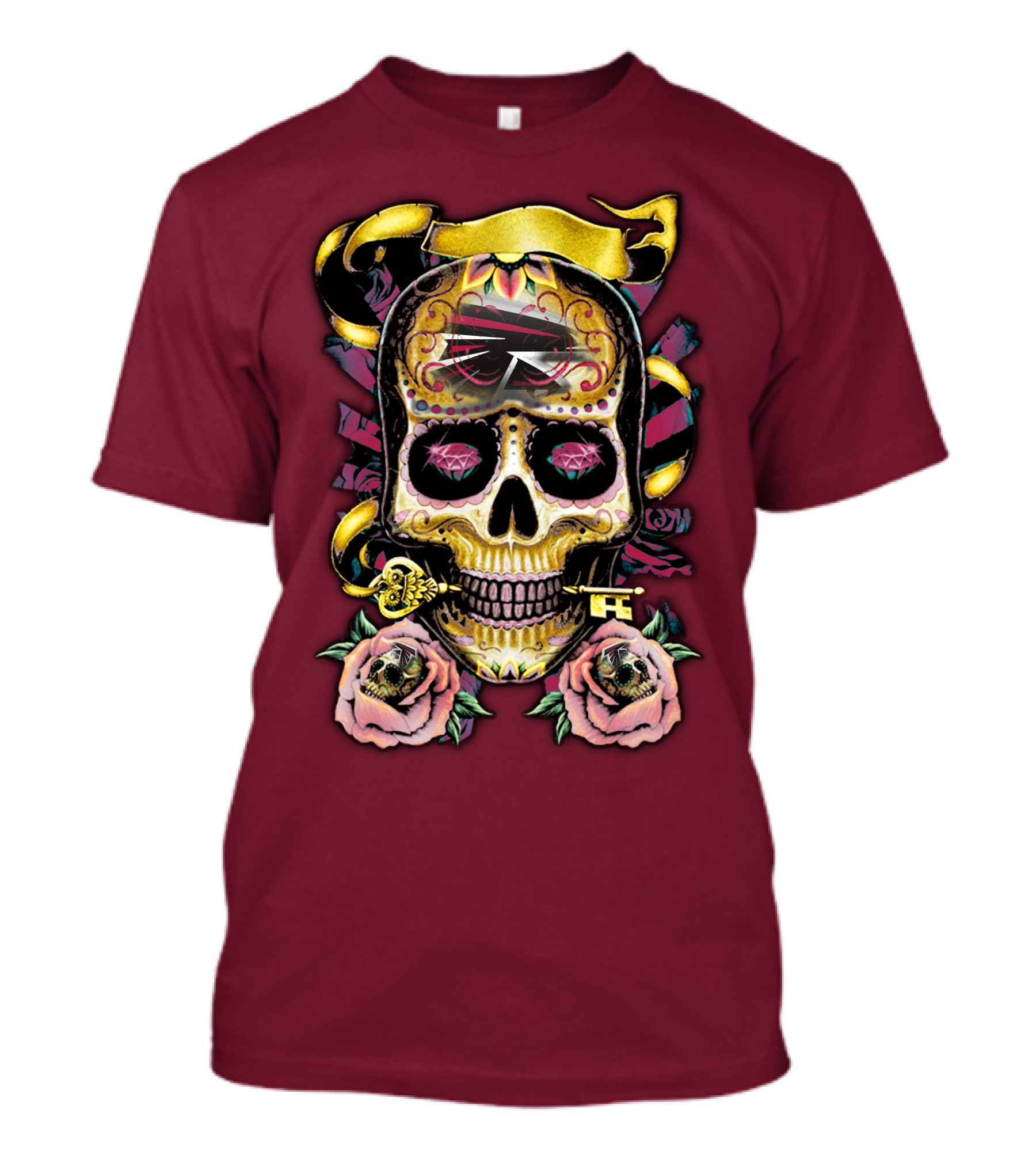 Atlanta Falcons Skull With Roses And Key T-Shirt