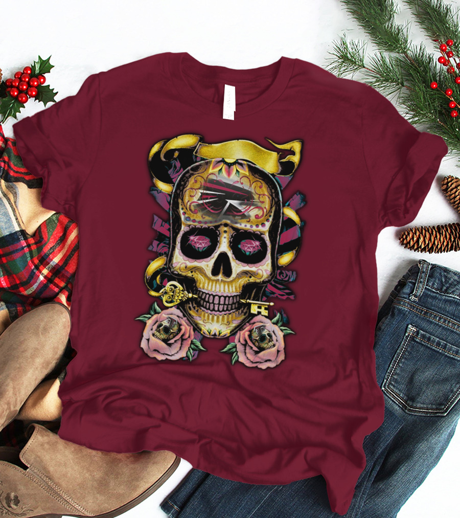 Atlanta Falcons Skull With Roses And Key T-Shirt