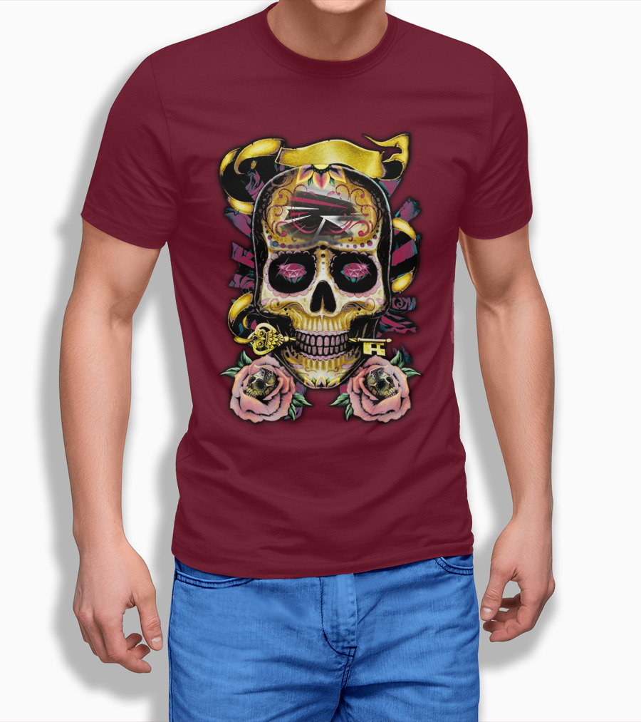 Atlanta Falcons Skull With Roses And Key T-Shirt