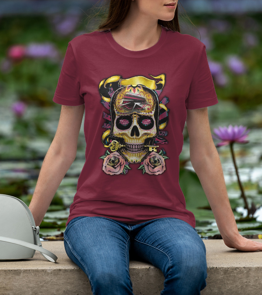 Atlanta Falcons Skull With Roses And Key T-Shirt