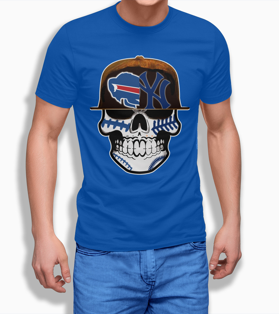 Buffalo Bills 75 Skull Design With Split Logo Yankees Cap T-Shirt