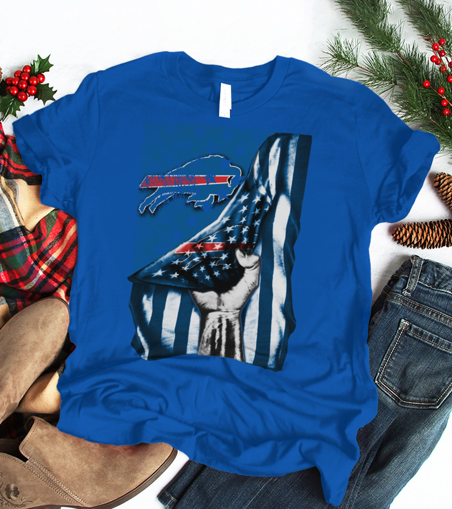 Buffalo Bills American Flag Blue Stripes Football Fan Fist T-Shirt