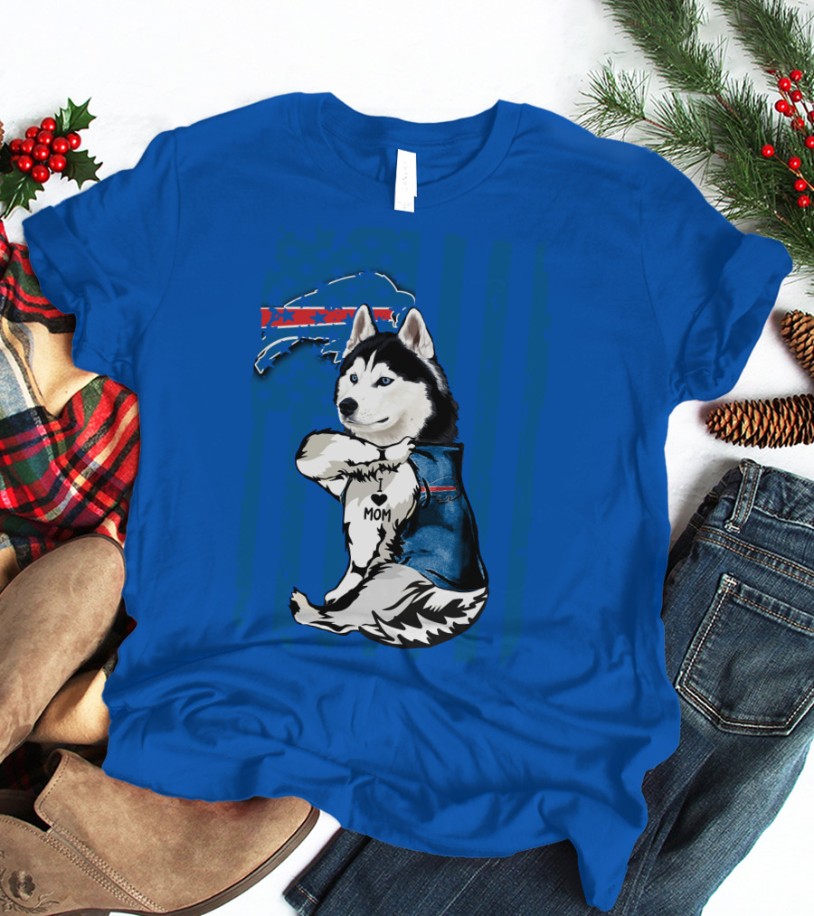 Siberian Husky Wearing Blue Buffalo Bills Vest With Heart Mom Tattoo And Flag T-Shirt