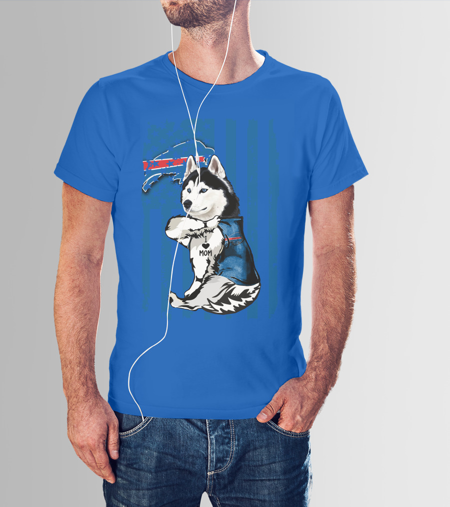 Siberian Husky Wearing Blue Buffalo Bills Vest With Heart Mom Tattoo And Flag T-Shirt