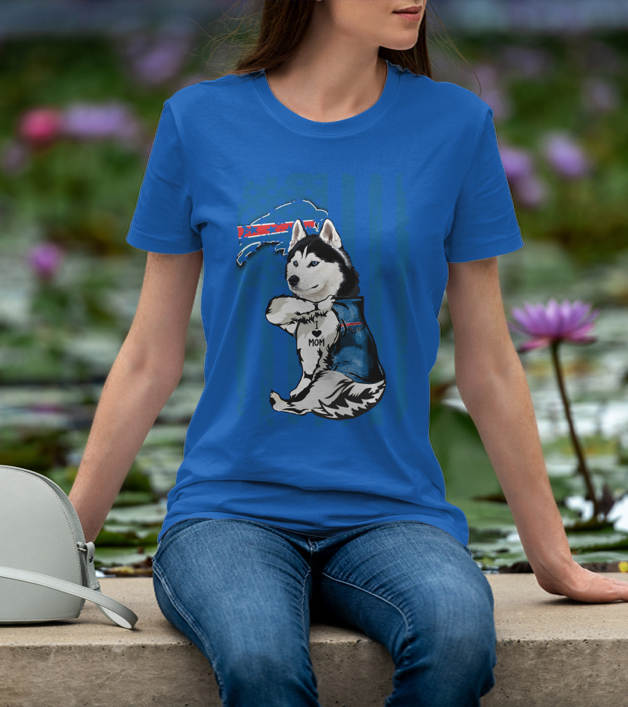 Siberian Husky Wearing Blue Buffalo Bills Vest With Heart Mom Tattoo And Flag T-Shirt