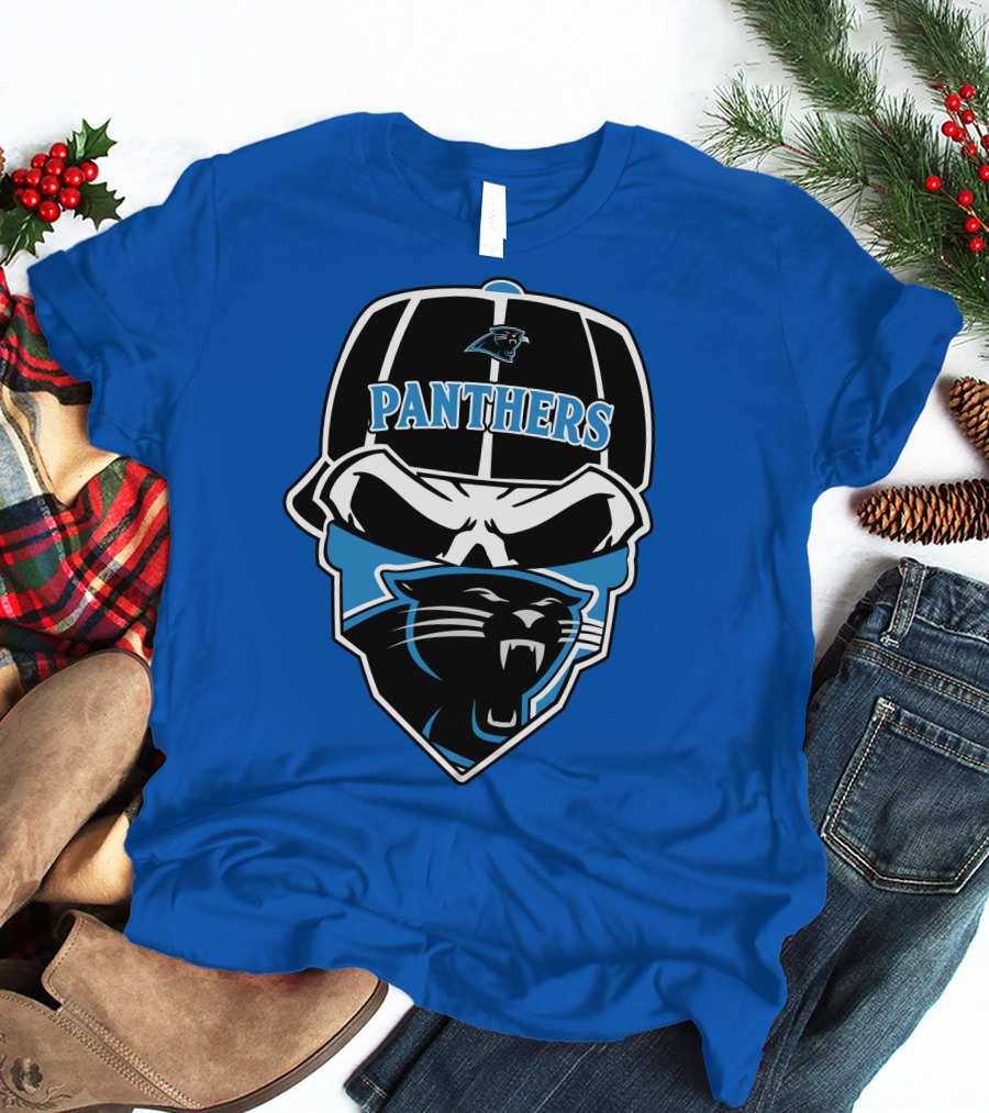 Carolina Panthers Logo And Skull With Bandana T-Shirt