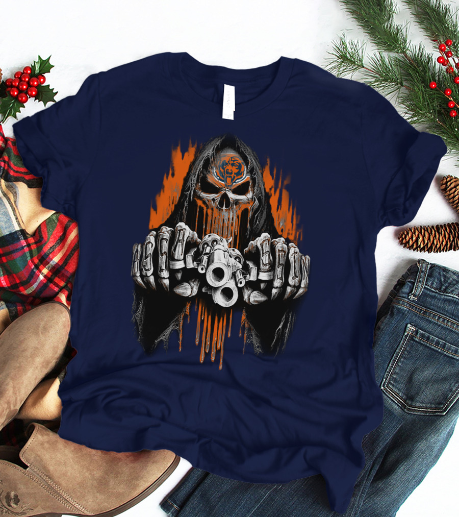Chicago Bears Grim Reaper Skull With Orange Flames And Skull Knuckles T-Shirt