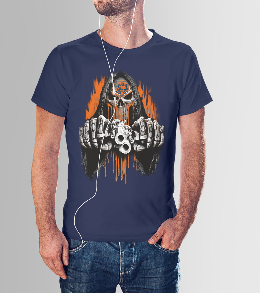 Chicago Bears Grim Reaper Skull With Orange Flames And Skull Knuckles T-Shirt