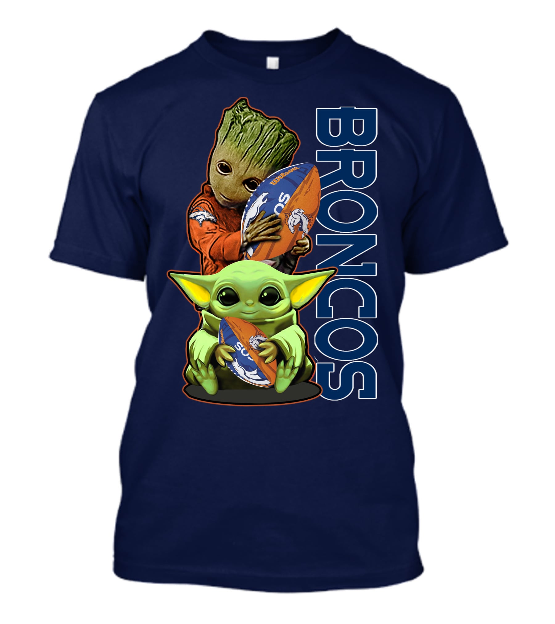 Grzd Denver Broncos Groot And Baby Yoda Holding Broncos Football T-Shirt