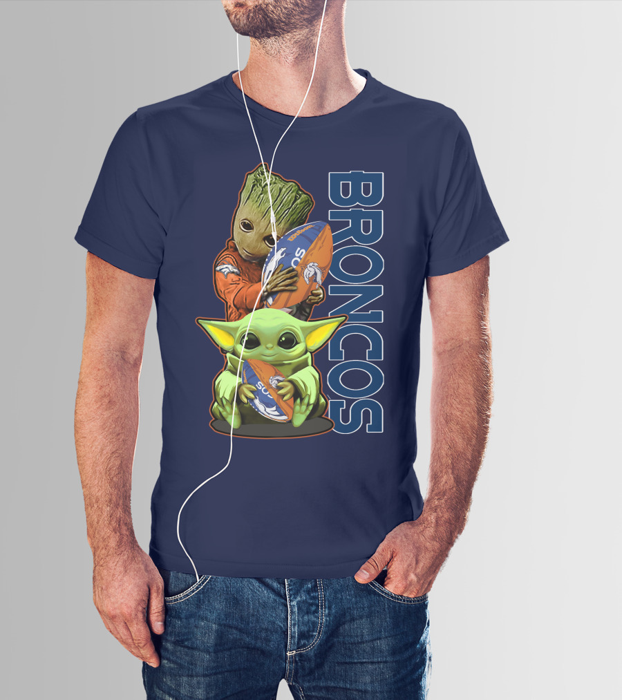 Grzd Denver Broncos Groot And Baby Yoda Holding Broncos Football T-Shirt