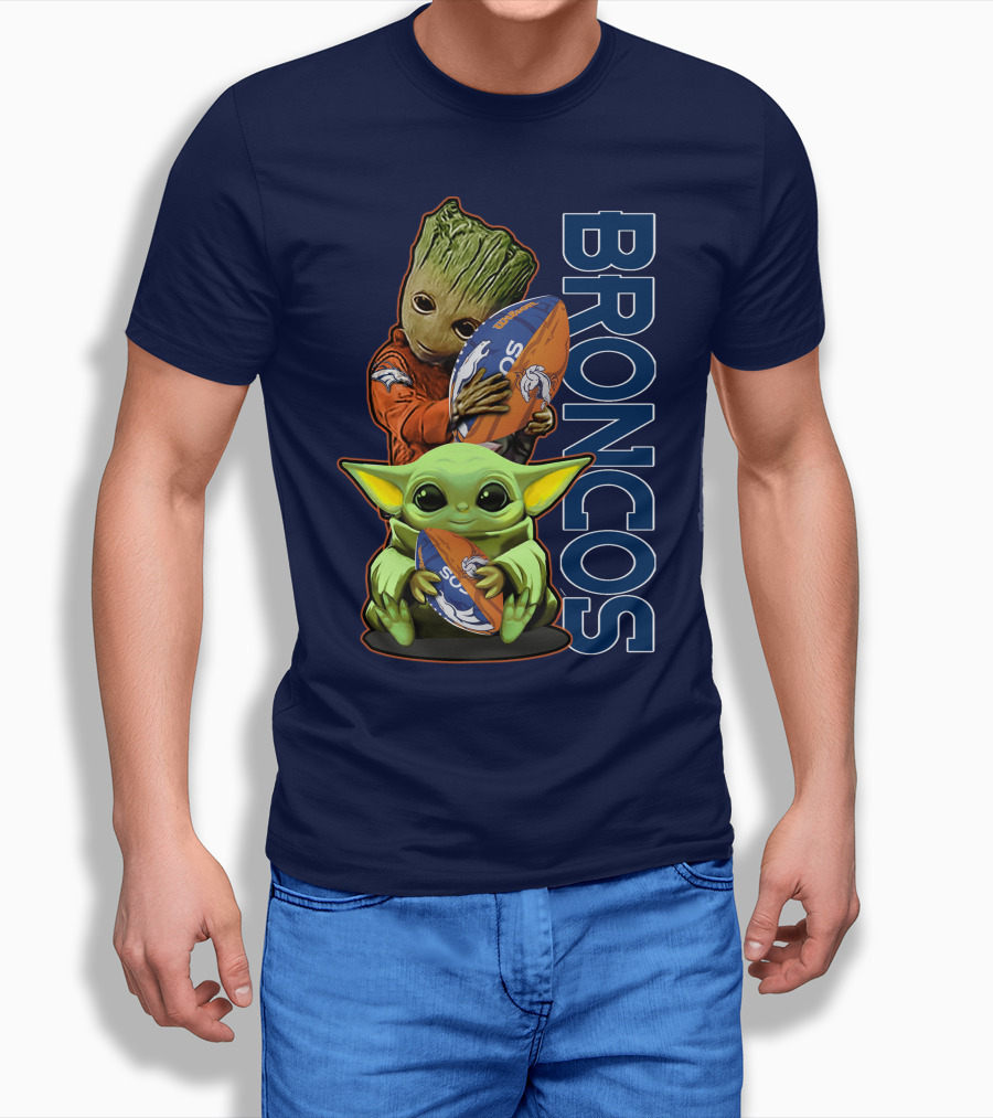 Grzd Denver Broncos Groot And Baby Yoda Holding Broncos Football T-Shirt