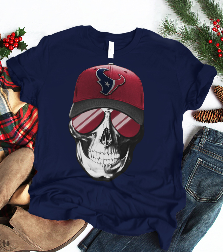 Skull With Houston Texans Logo Hat And Reflective Sunglasses T-Shirt