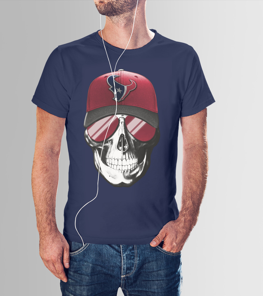 Skull With Houston Texans Logo Hat And Reflective Sunglasses T-Shirt