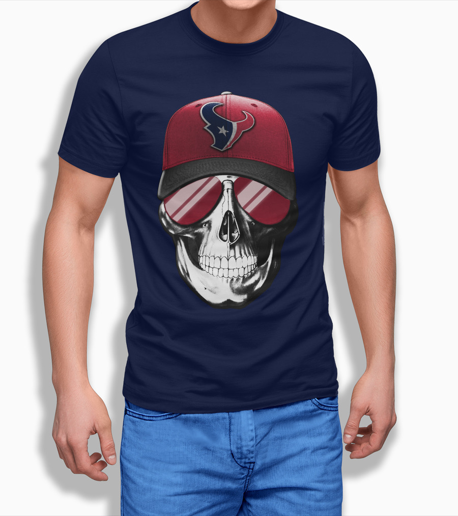Skull With Houston Texans Logo Hat And Reflective Sunglasses T-Shirt
