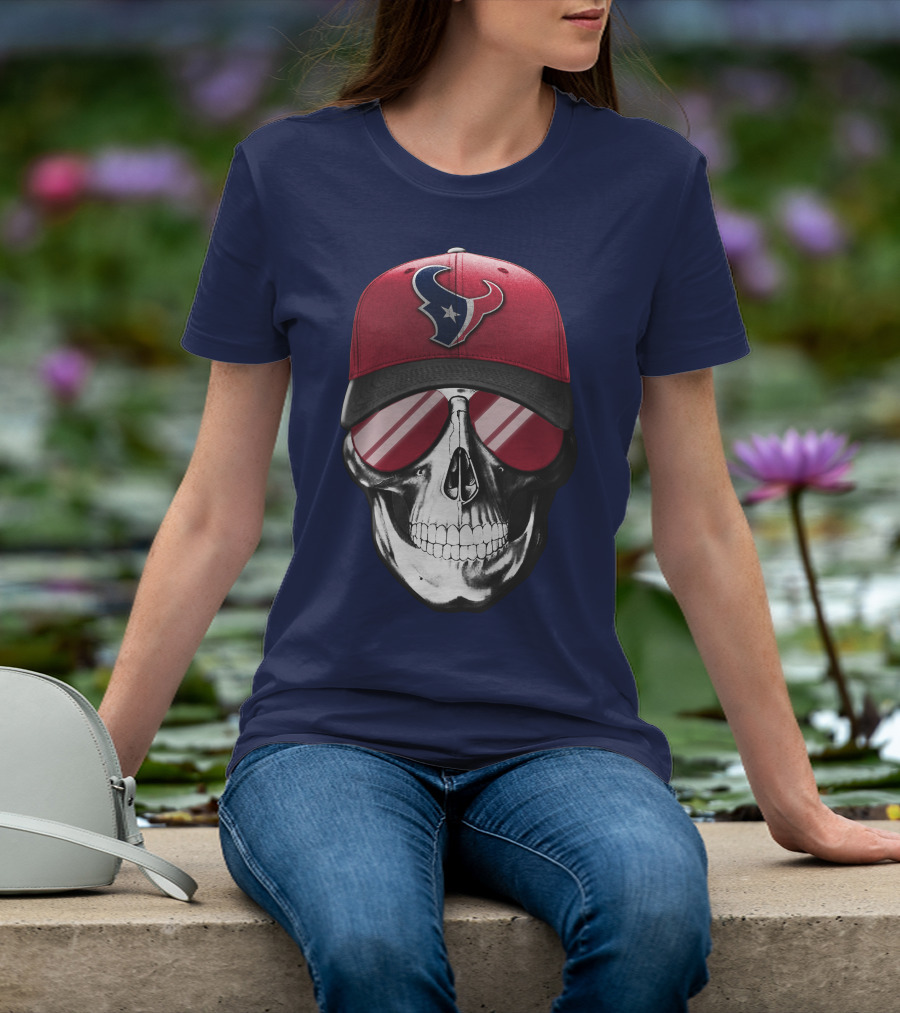Skull With Houston Texans Logo Hat And Reflective Sunglasses T-Shirt