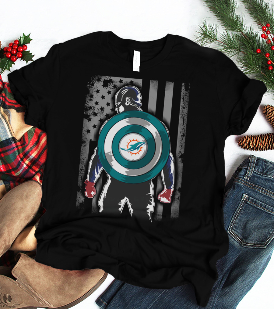 Miami Dolphins NFL Captain America Shield USA Flag T-Shirt