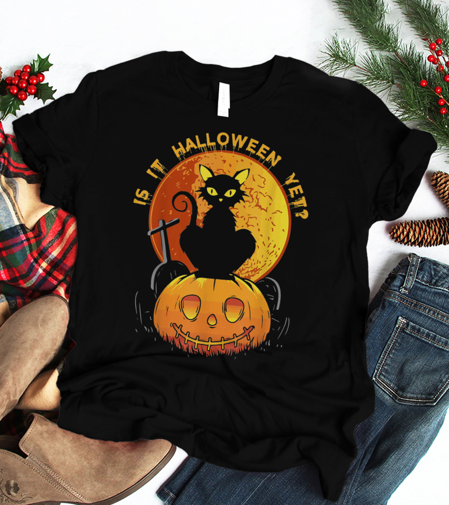 Is It Halloween Yet Funny Cat Pumpkin With Full Moon And Witch's Broom T-Shirt