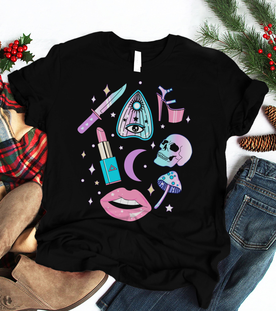 Pastel Goth Kawaii Witch Creepy Knife Skull Lipstick Moon Stars Mushroom Heels Ouija T-Shirt