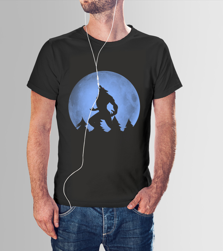 Werewolf Silhouette Howling At Full Blue Moon With Forest Background T-Shirt
