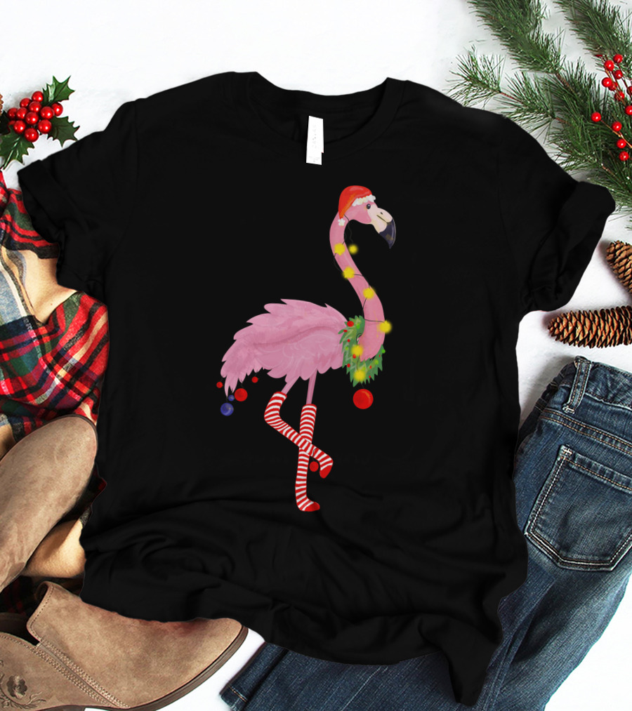Flamingo Christmas Santa Hat Candy Cane Leggings T-Shirt
