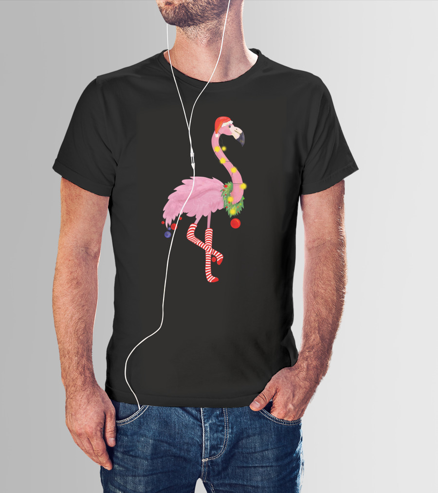 Flamingo Christmas Santa Hat Candy Cane Leggings T-Shirt