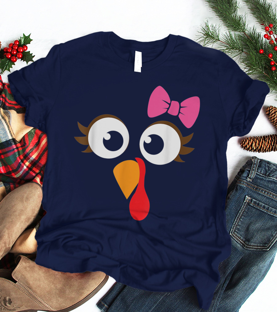Turkey Face Girl Pink Bow Cute Thanksgiving T-Shirt