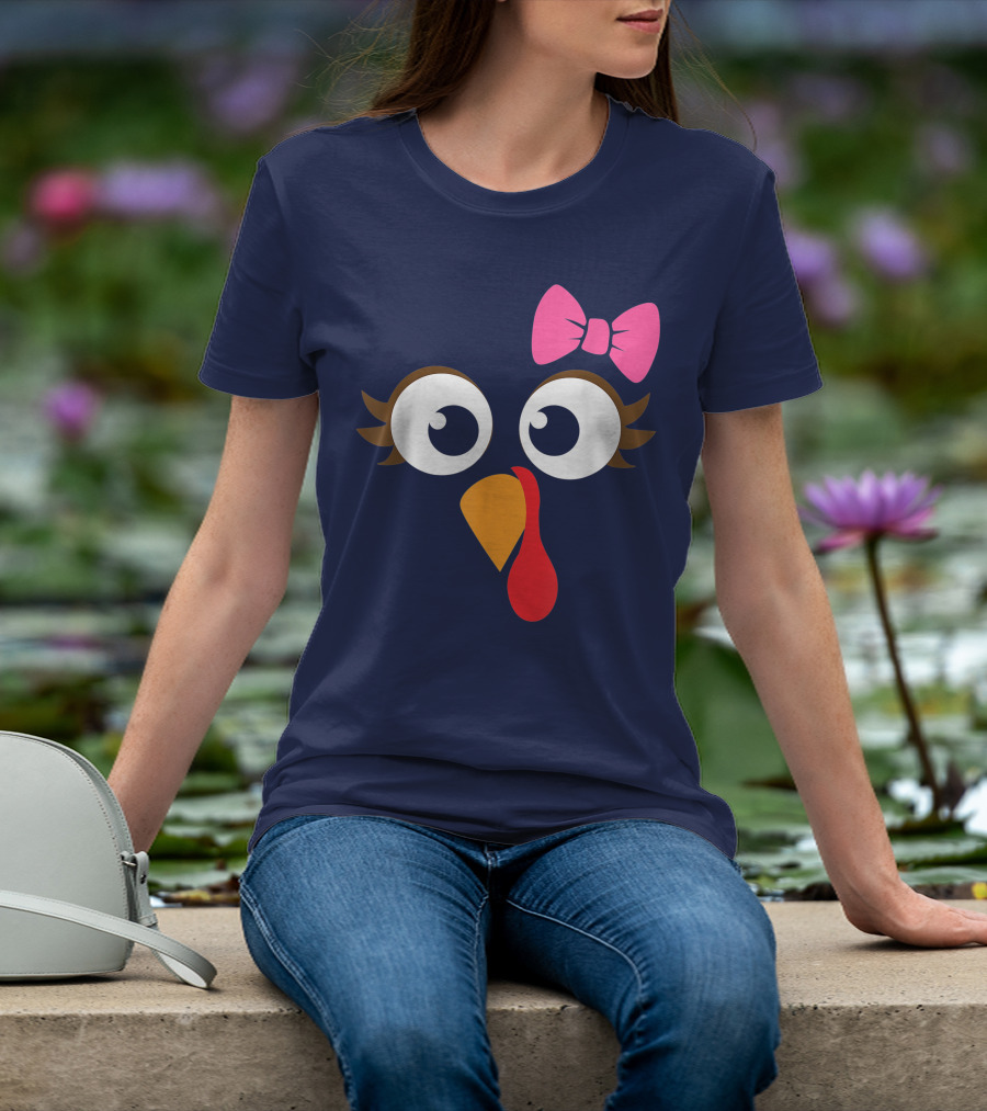 Turkey Face Girl Pink Bow Cute Thanksgiving T-Shirt
