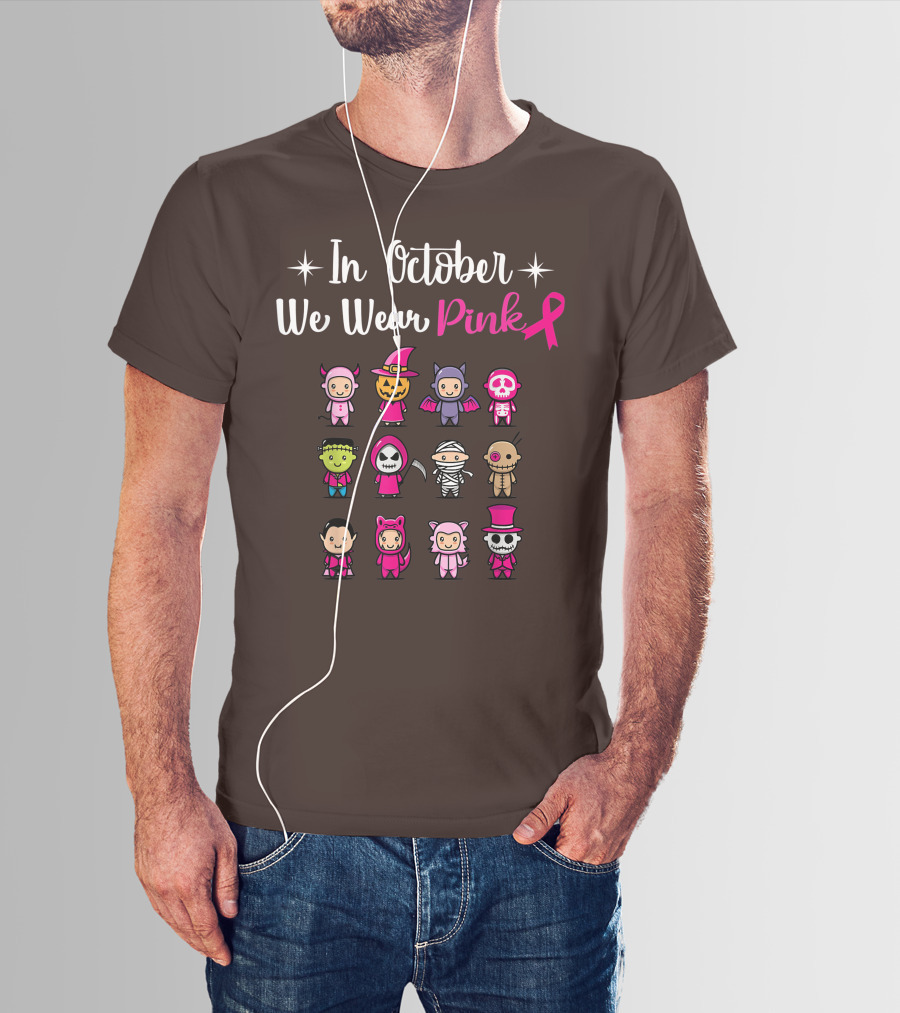 In October We Wear Pink Breast Cancer Awareness Halloween Characters T-Shirt