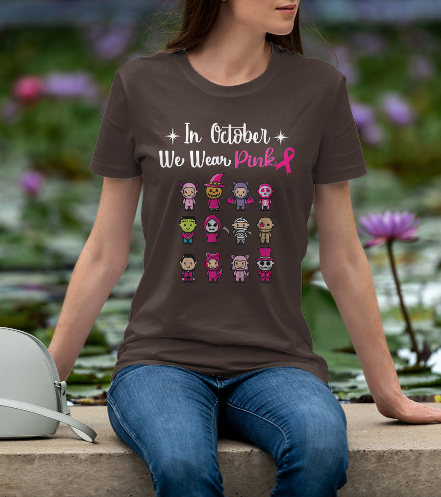 In October We Wear Pink Breast Cancer Awareness Halloween Characters T-Shirt