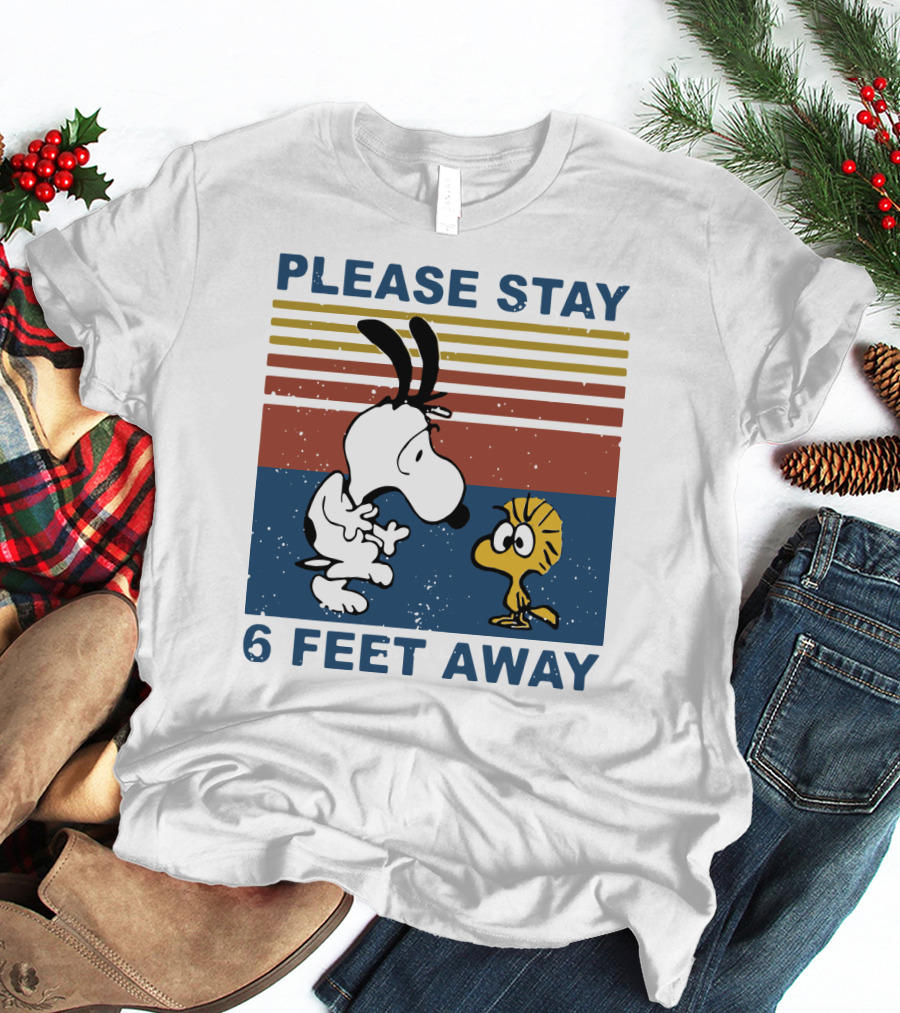 Vintage Please Stay 6 Feet Away Snoopy Woodstock Retro Stripes T-Shirt