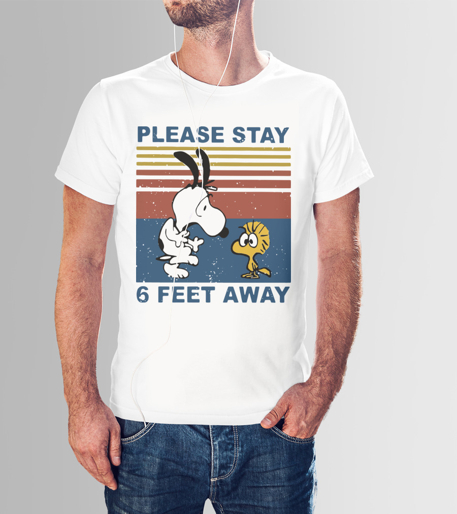 Vintage Please Stay 6 Feet Away Snoopy Woodstock Retro Stripes T-Shirt