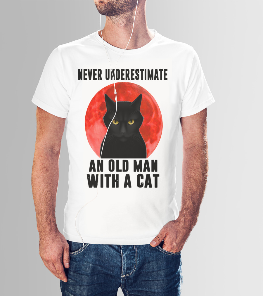 Never Underestimate An Old Man With A Cat Black Cat Red Moon T-Shirt