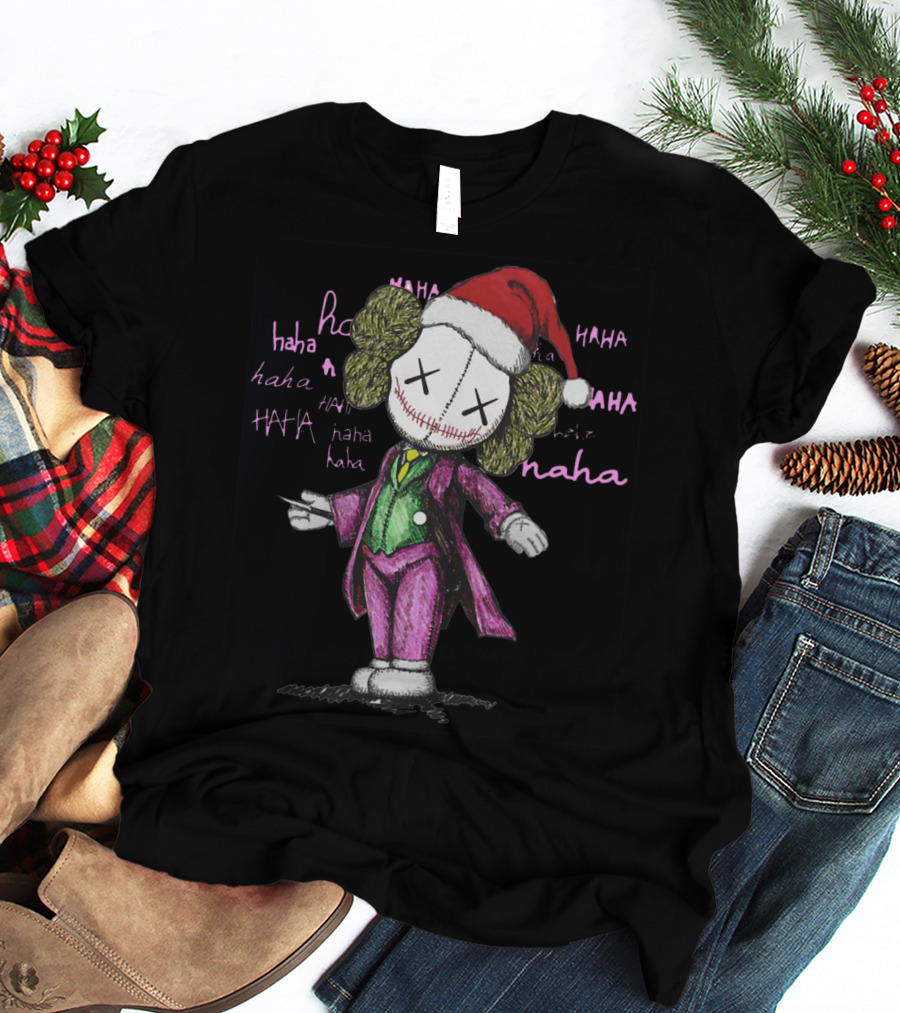 Santa Joker Kaws Haha Clown Character In Festive Hat With Laughing Text T-Shirt