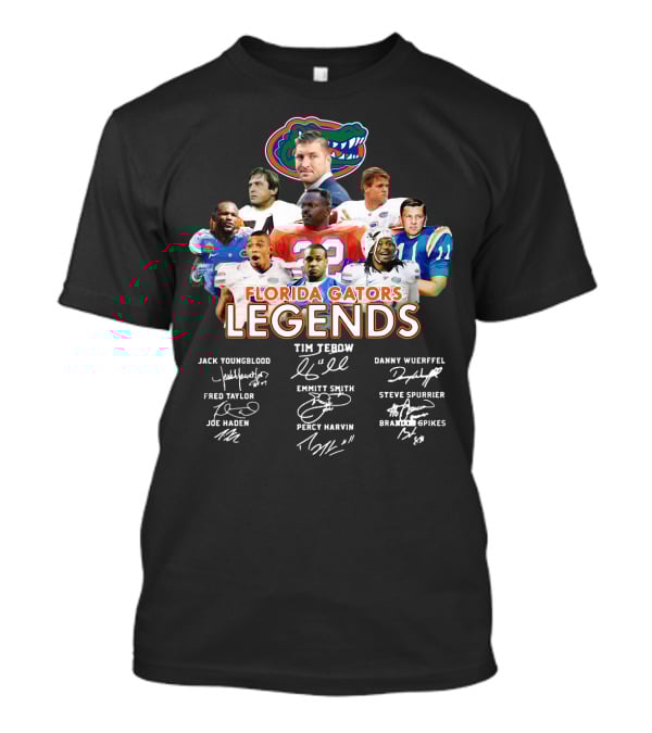 FLORIDA GATORS LEGENDS JACK YOUNGBLOOD TIM TEBOW DANNY WUERFFEL FRED TAYLOR EMMITT SMITH STEVE SPURRIER JOE HADEN PERCY HARVIN BRANDON SPIKES T-Shirt
