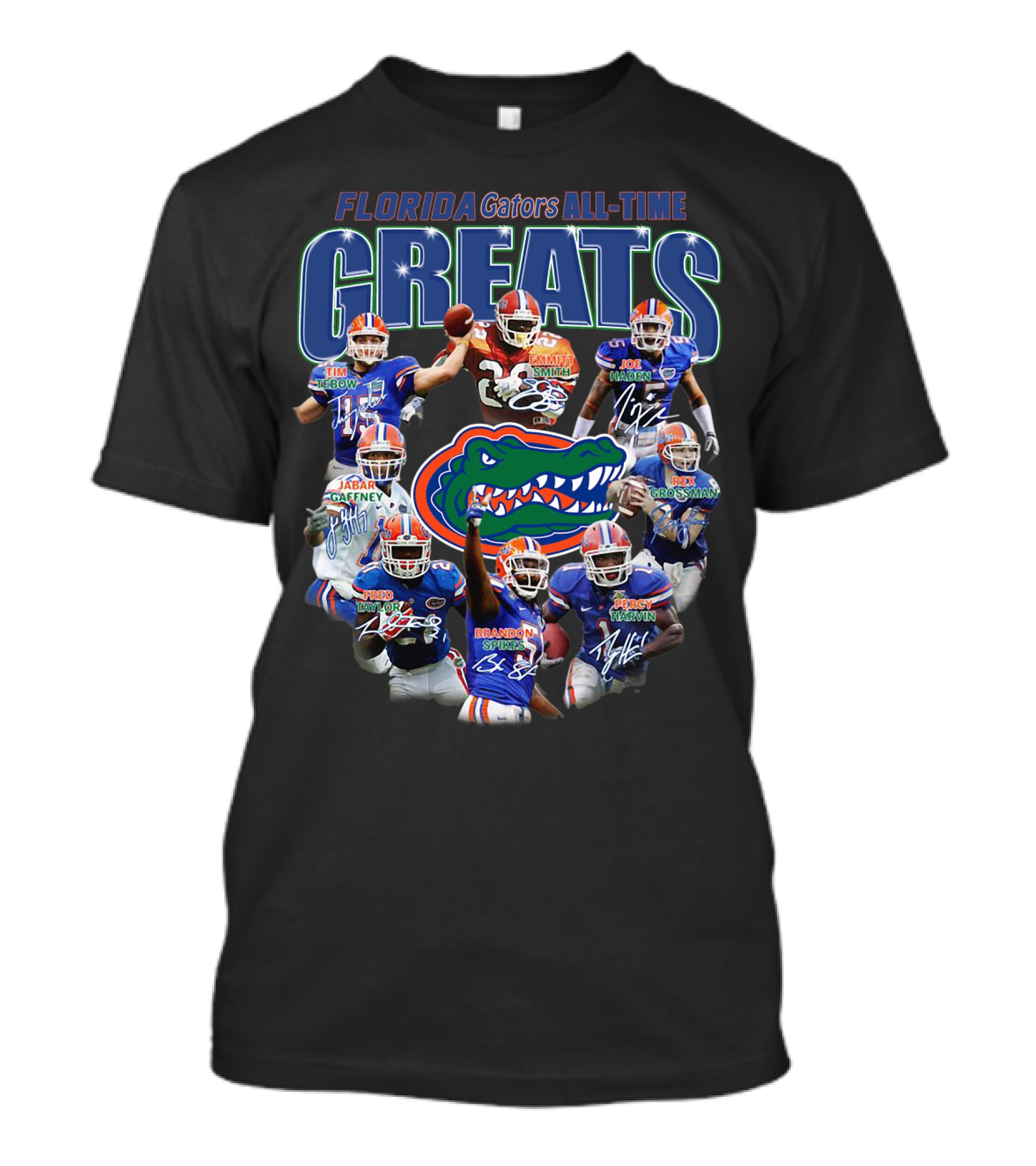 Florida Gators Legendary Greats Tim Tebow Kewan Alumbaugh Joe Haden Jabar Gaffney Braden Spurrier Percy Harvin NFL Signatures T-Shirt