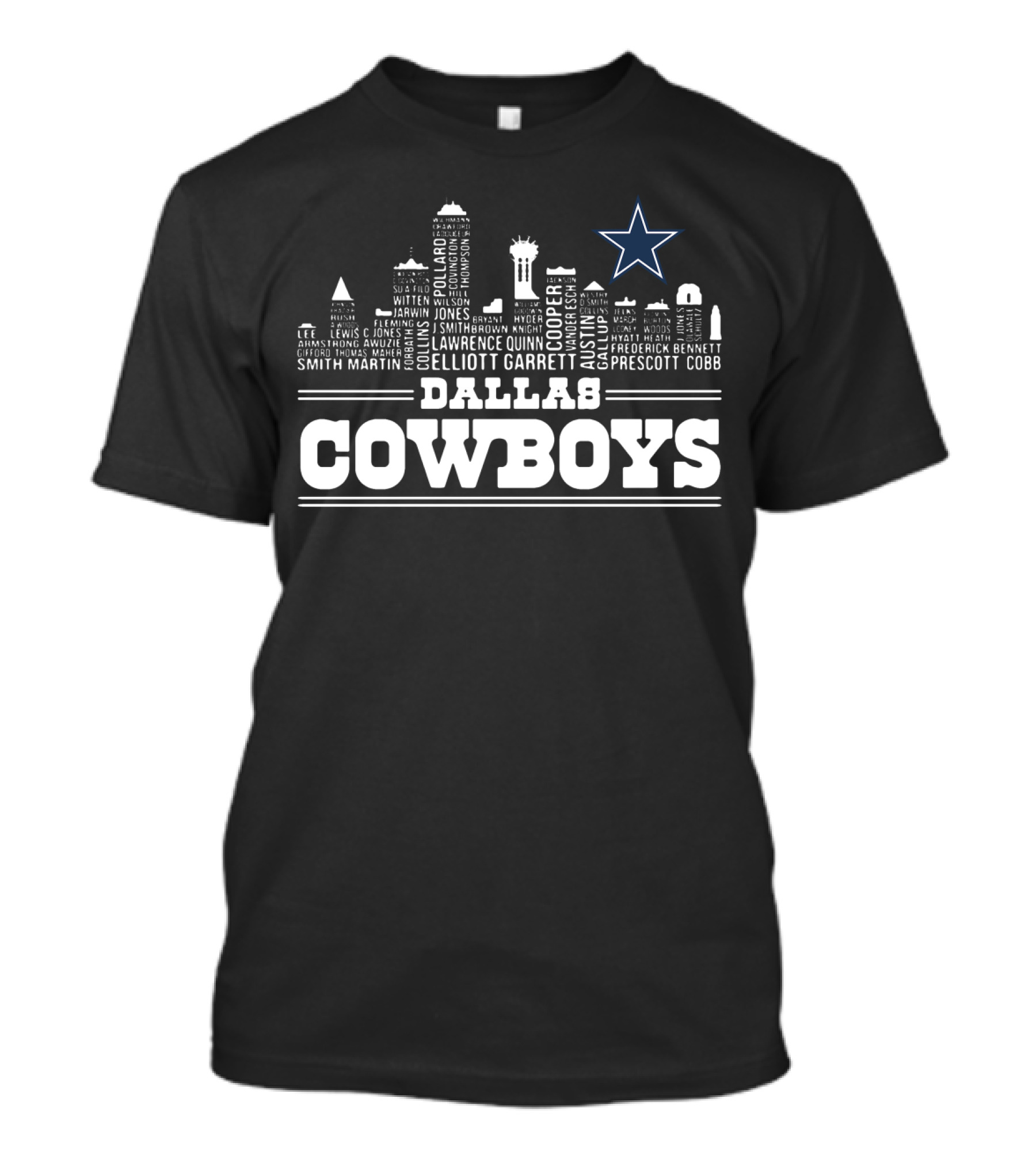 Dallas Cowboys Skyline With Player Names And Star T-Shirt