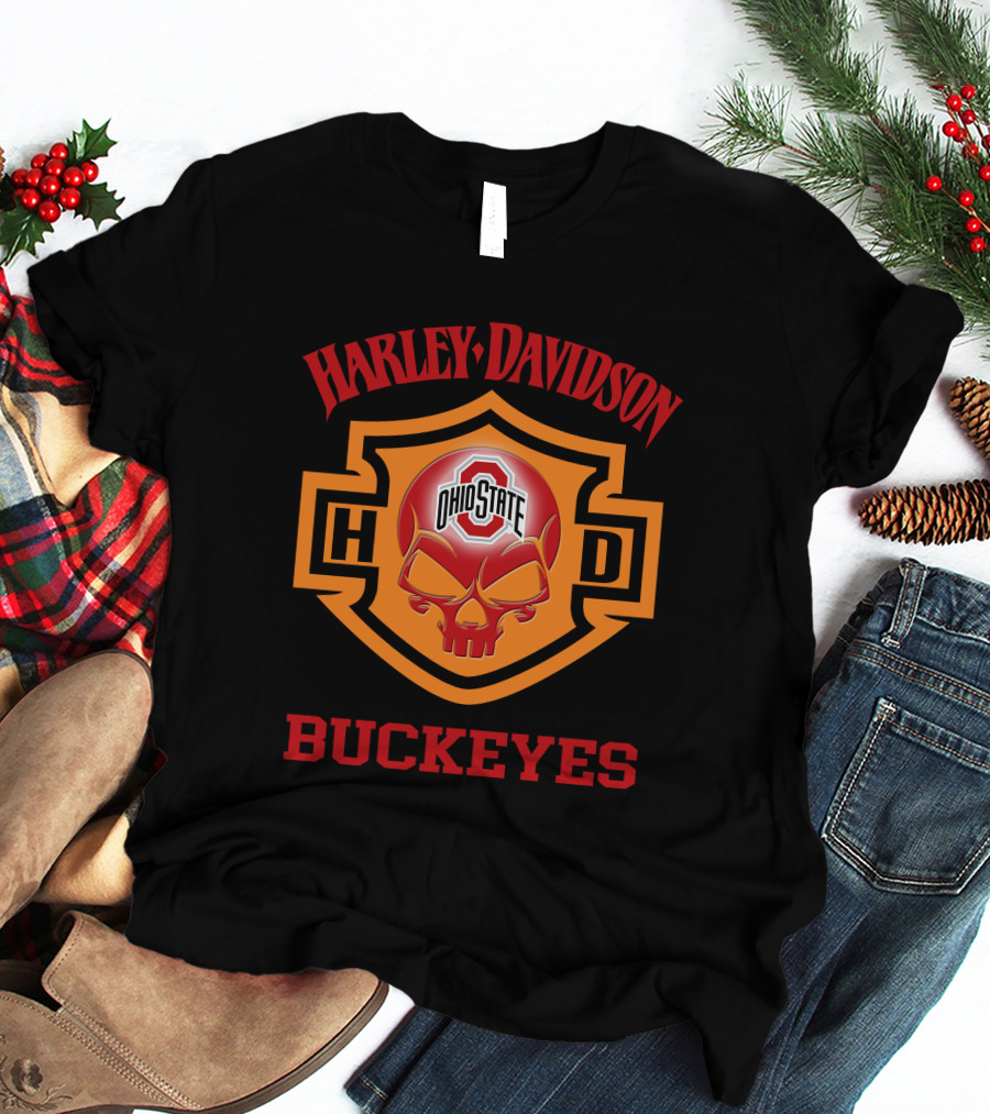 Ohio State Buckeyes Harley Davidson Fans Hd Skull T-Shirt