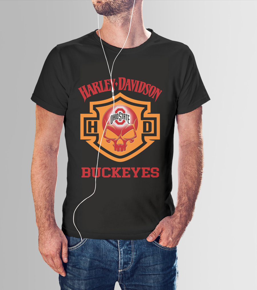 Ohio State Buckeyes Harley Davidson Fans Hd Skull T-Shirt