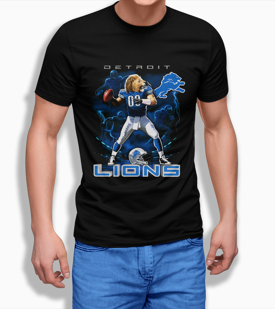Detroit Lions Lion-Headed Quarterback Action Fantasy Scene T-Shirt