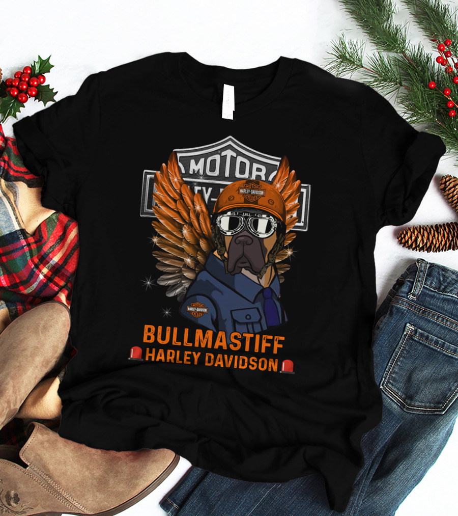 Bullmastiff Harley Davidson Motor Cycles Winged Helmet Goggles Dog T-Shirt