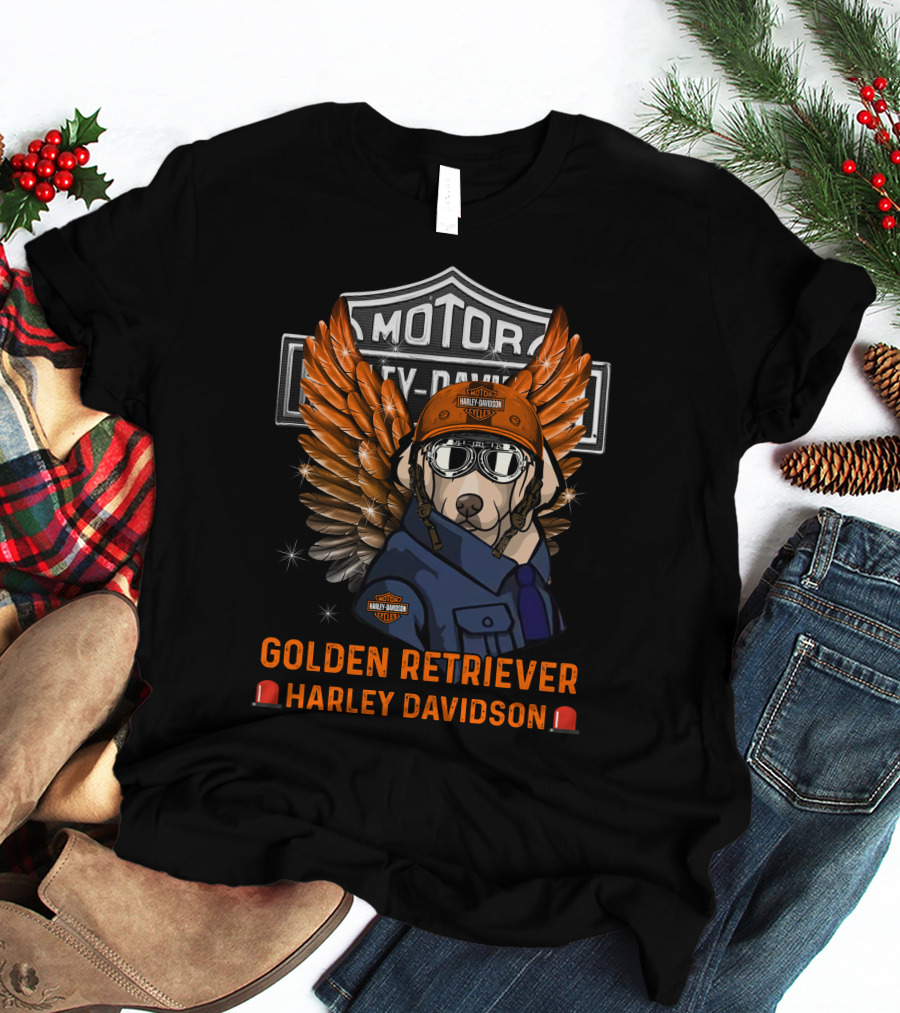 Golden Retriever Harley Davidson Motorcycles Wings Helmet T-Shirt
