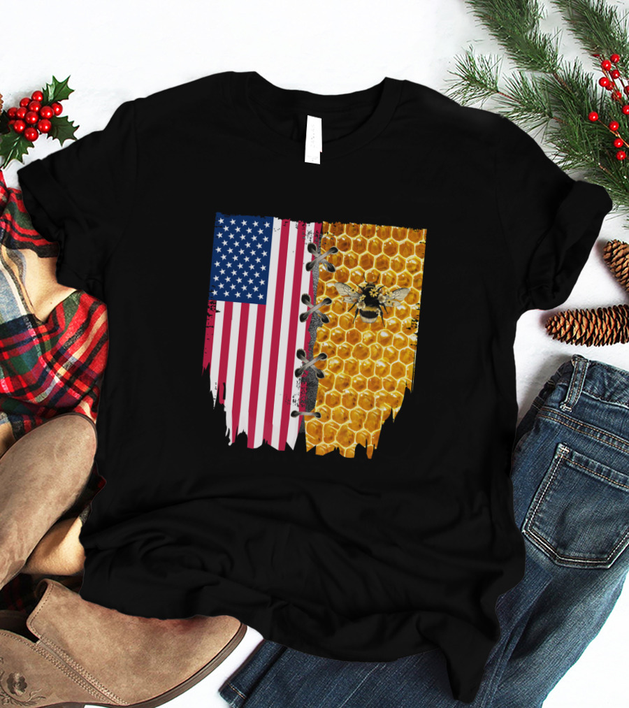 Bee And American Flag Honeycomb Fusion T-Shirt