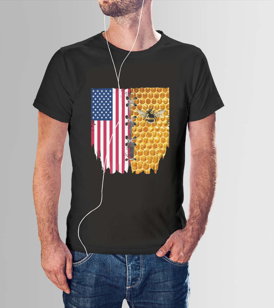 Bee And American Flag Honeycomb Fusion T-Shirt