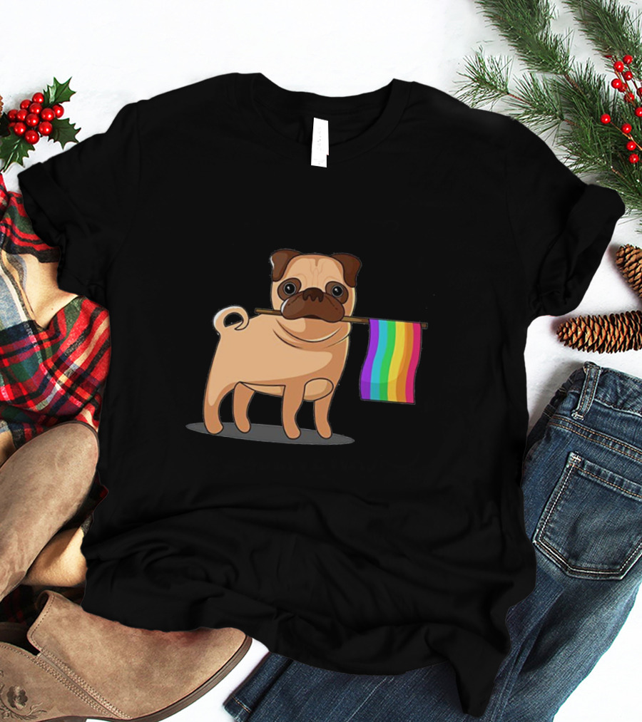 Pug Holding Rainbow Pride Flag T-Shirt