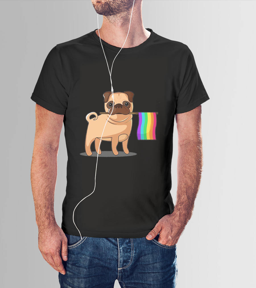 Pug Holding Rainbow Pride Flag T-Shirt