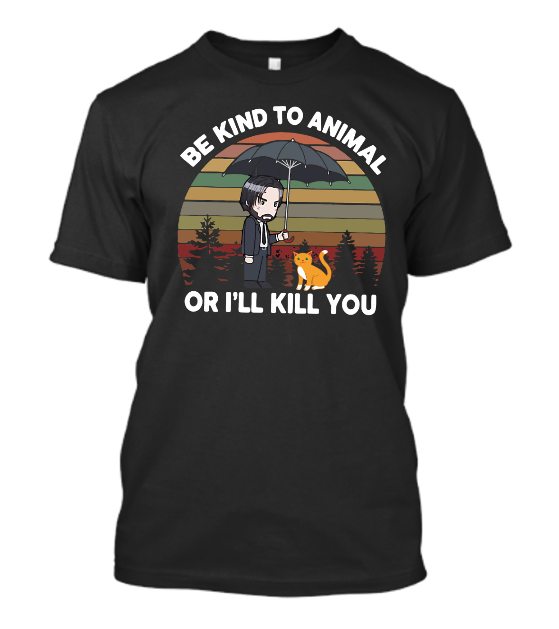 Be Kind To Animal Or I'll Kill You John Wick Parody Cat And Umbrella Chibi T-Shirt